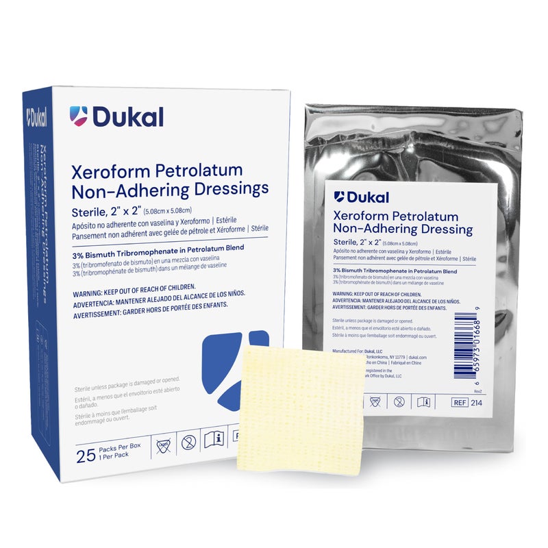 Dukal 214 Xeroform Petrolatum Gauze, Sterile, 2" W x 2" L 25 Count (Pack of 1) - Image 1
